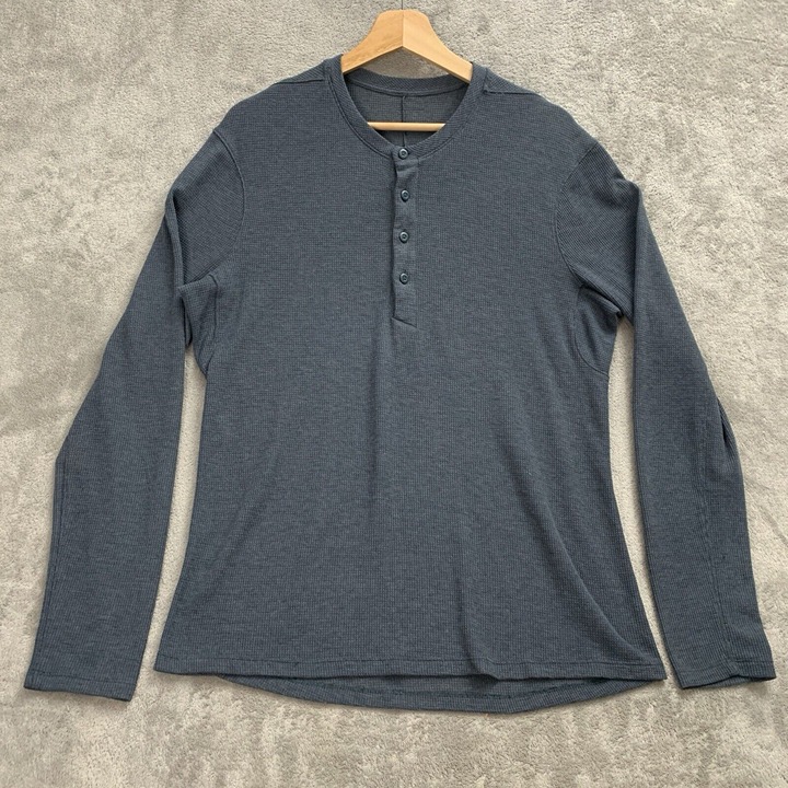 Lululemon Shirt Mens M Shift Stitch Henley Heathered Blue Comfort Waffle Knit