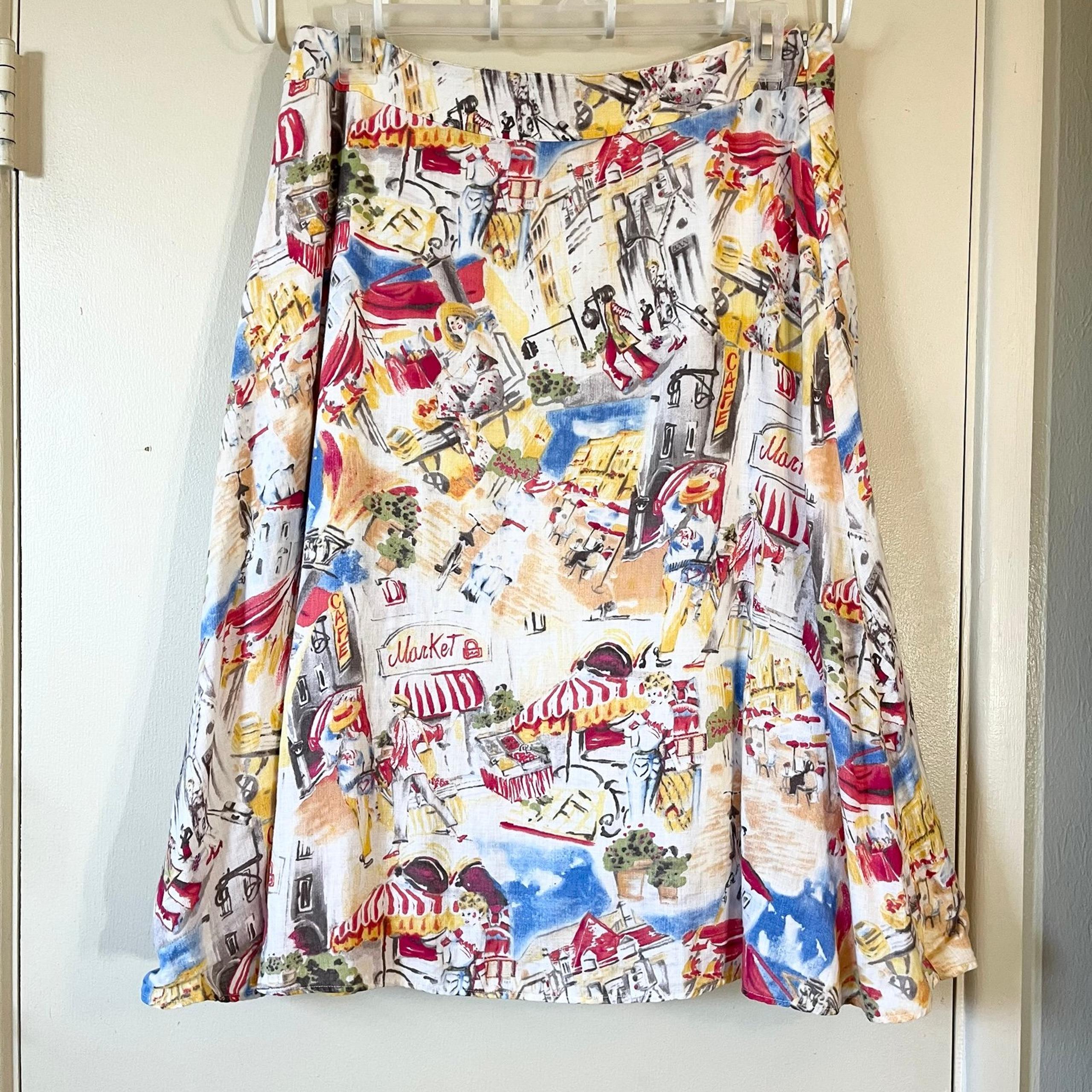 Liz Claiborne 100% linen circle skirt market scene side zip size 14 multicolor