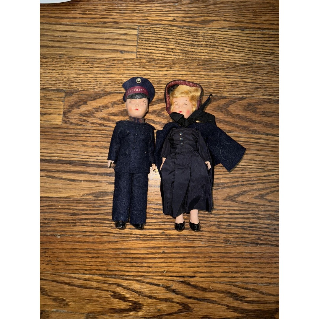 Vintage Salvation Army Dolls - 7 Tall Girl & Boy - Navy Blue Outfits