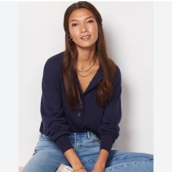Good American Tissue Weight Cotton Blend Henley Sweater Blue Rinse Navy L XL NWT