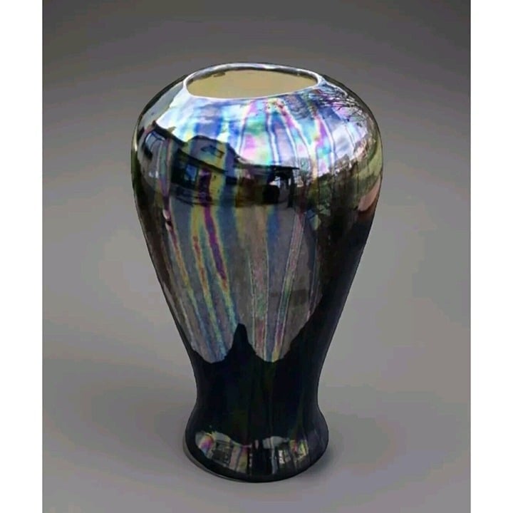 XL Oil Slick Black Purple Iridescent Pottery Vase Carnival/Mirrored 17
