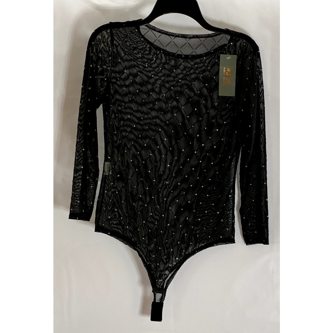 UNBRANDED Women's Black Mesh Glitter Diamond Detail Long Sleeve Bodysuit SZ S