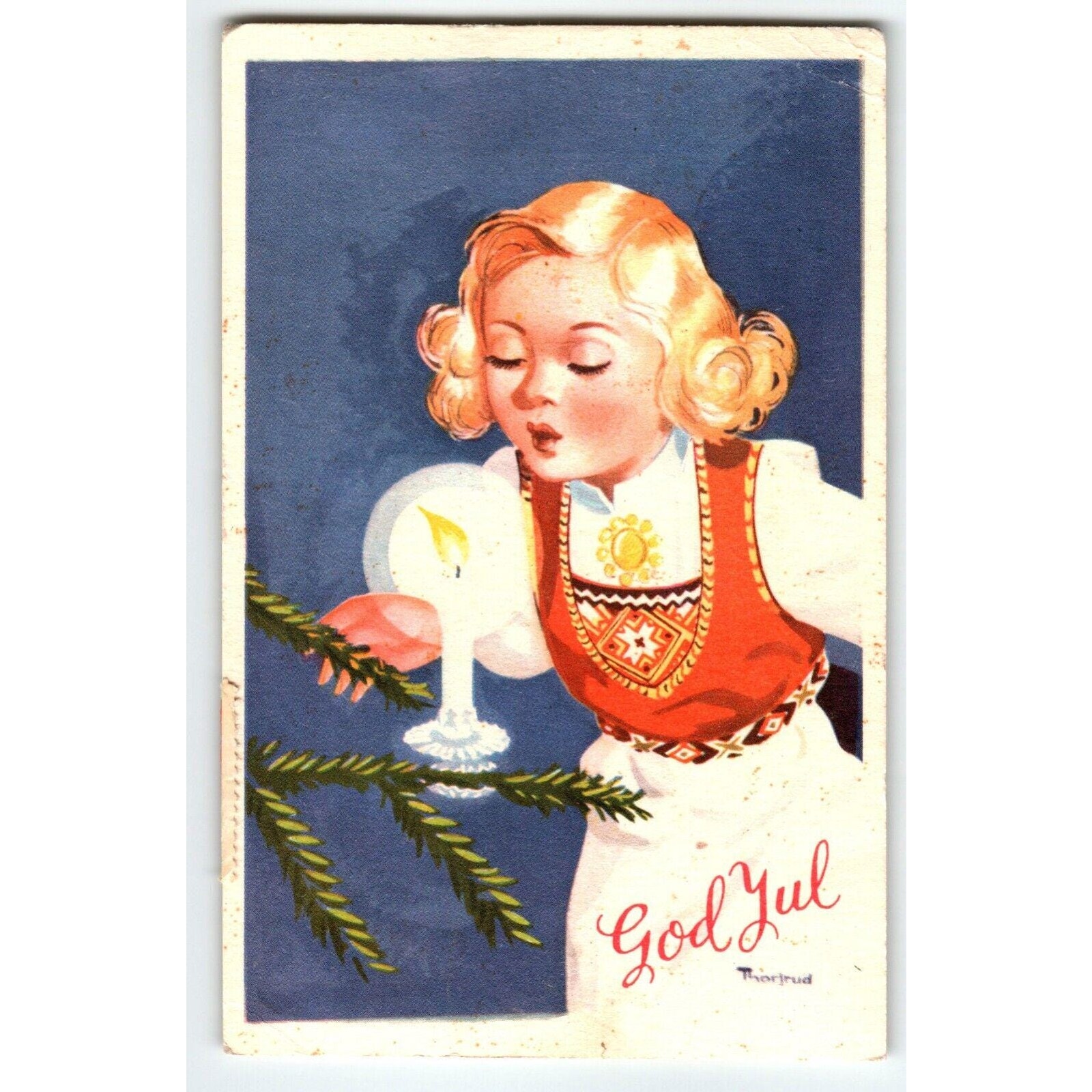 Merry Christmas God Jul Swedish Women Blows Lit Candle Oslo Norway 1946 Vintage