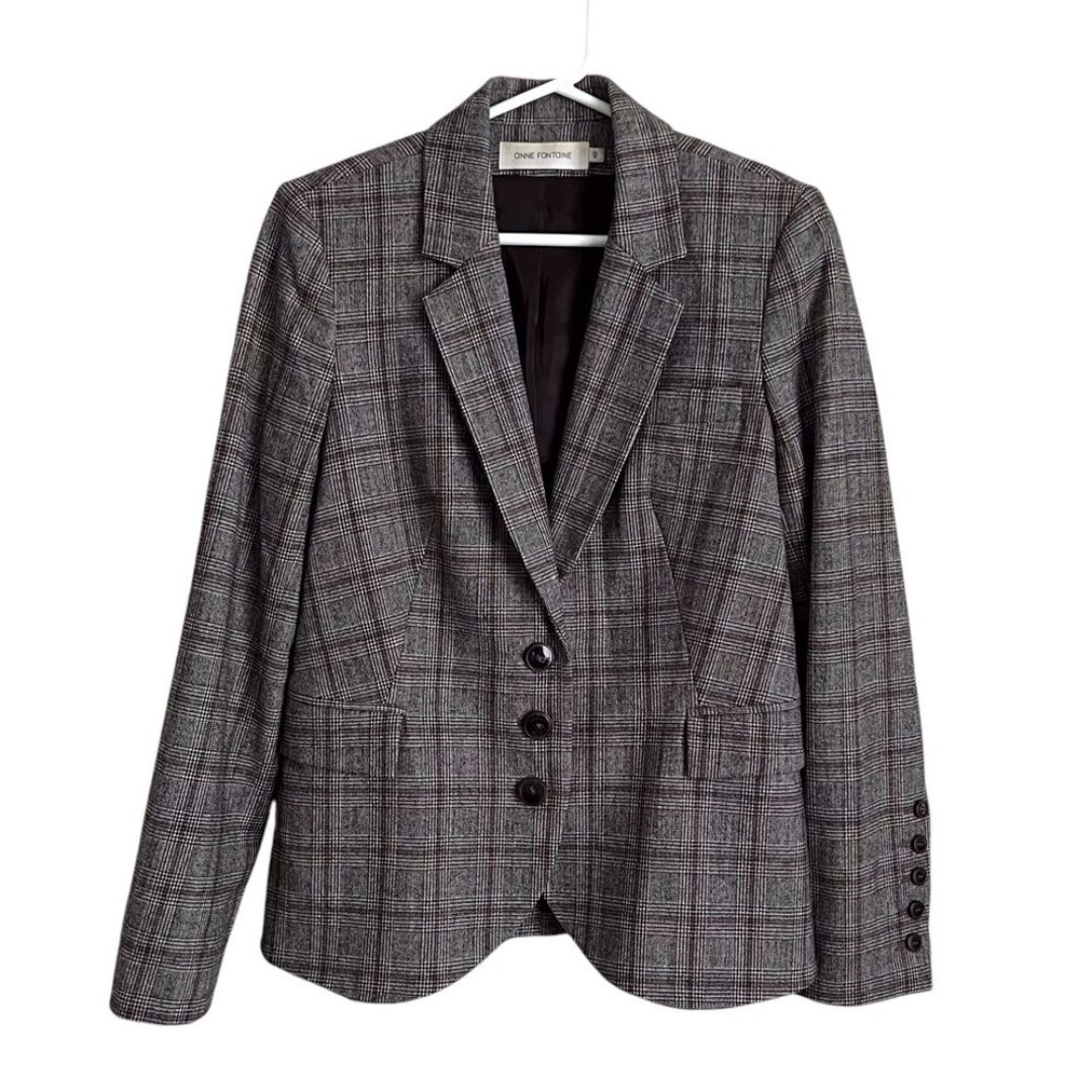 Anne Fontaine Plaid Lord Blazer Grey Tan Academia Preppy Career EU 40 US 6-8