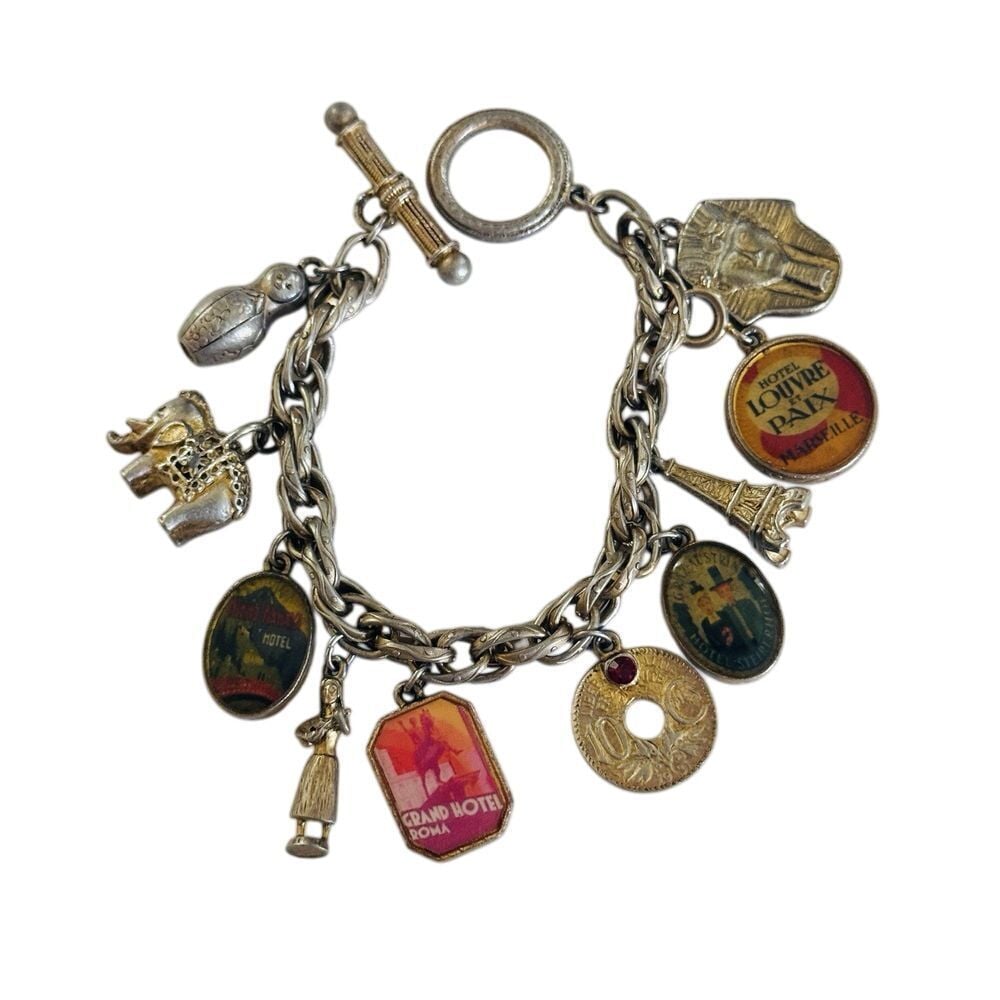 Regal Charm Bracelet VTG Statement Dangle Gold Tone Toggle Rhinestone Chunky