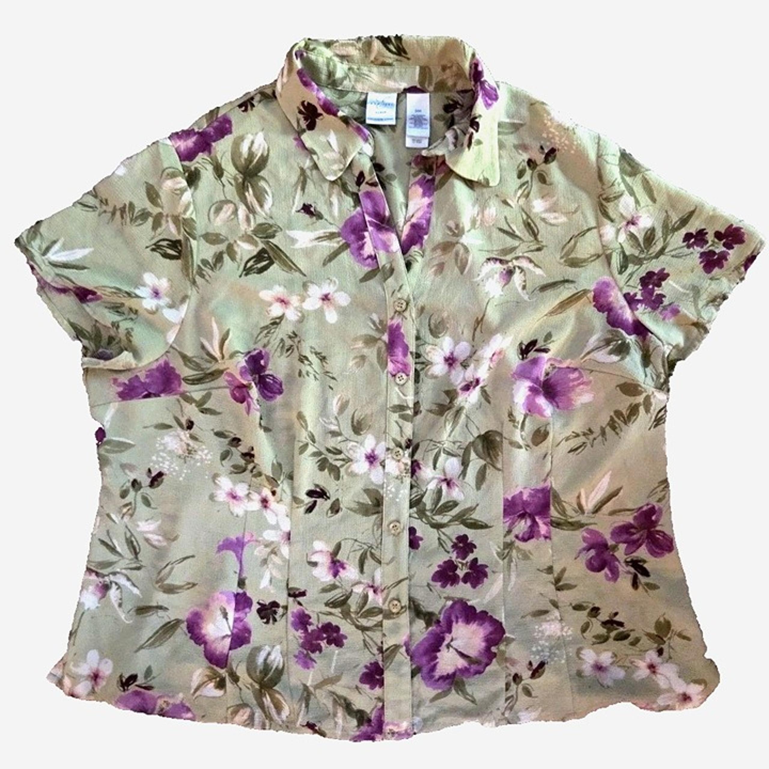 Size 24W Emma James Woman Blouse Top  Collared Purple and Green Floral Textured