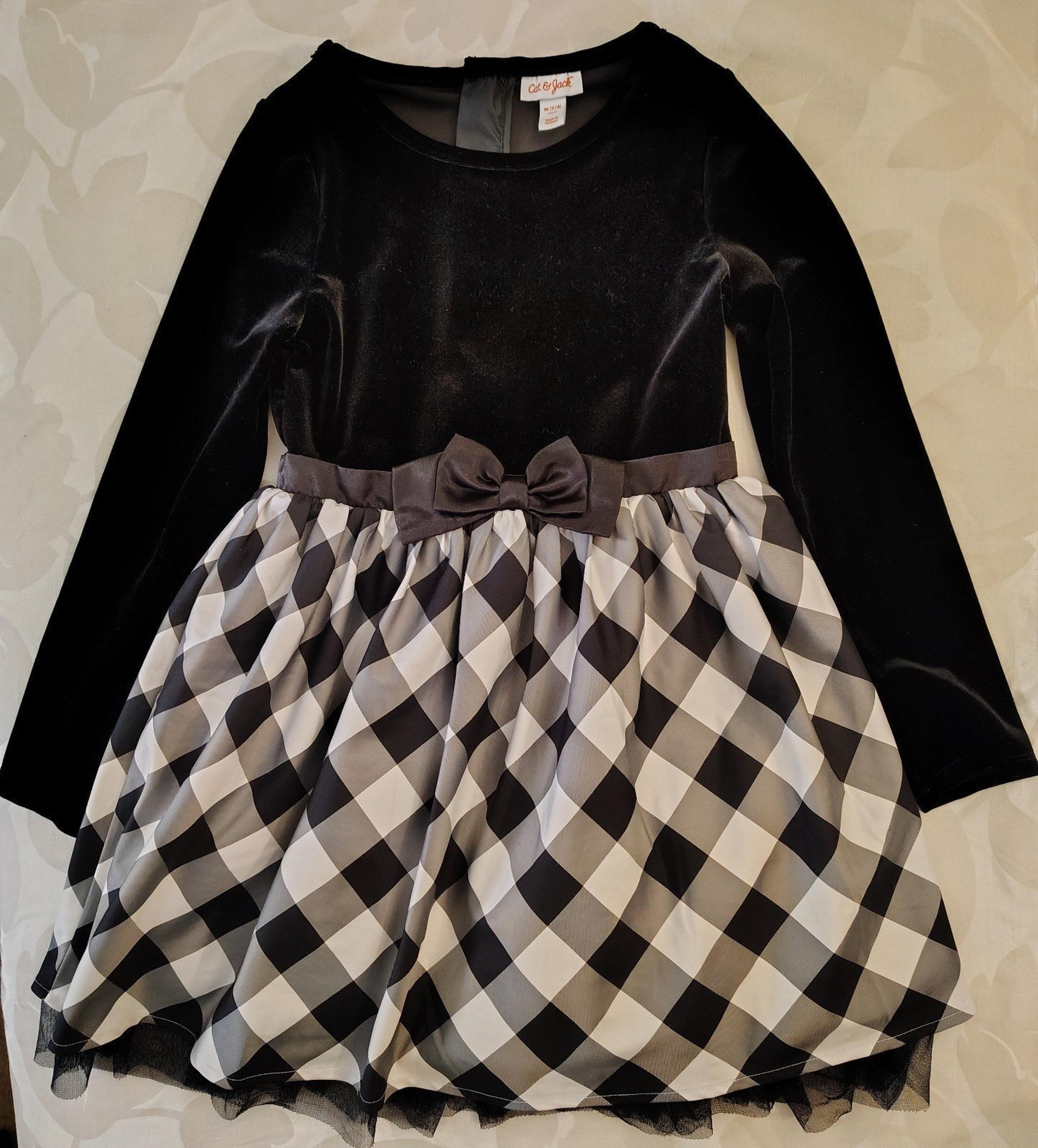 NWOT Cat & Jack Girls Black/white Plaid Dress W/Tulle & Zipper Back Size Medium
