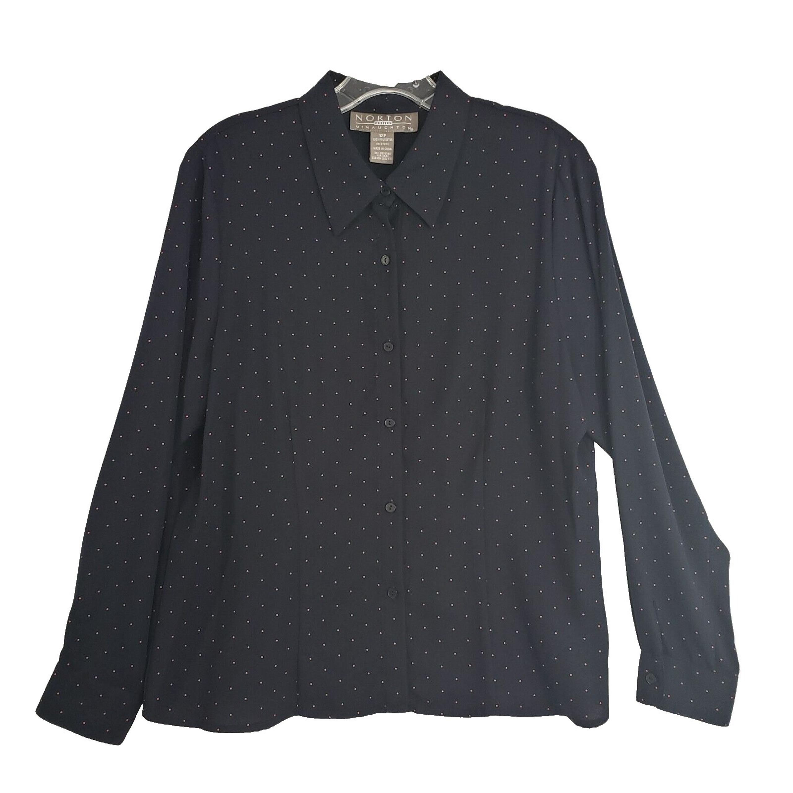 Norton McNaughton Blouse Womens 12 Petite Navy Polka Dot Button Down Shirt Work