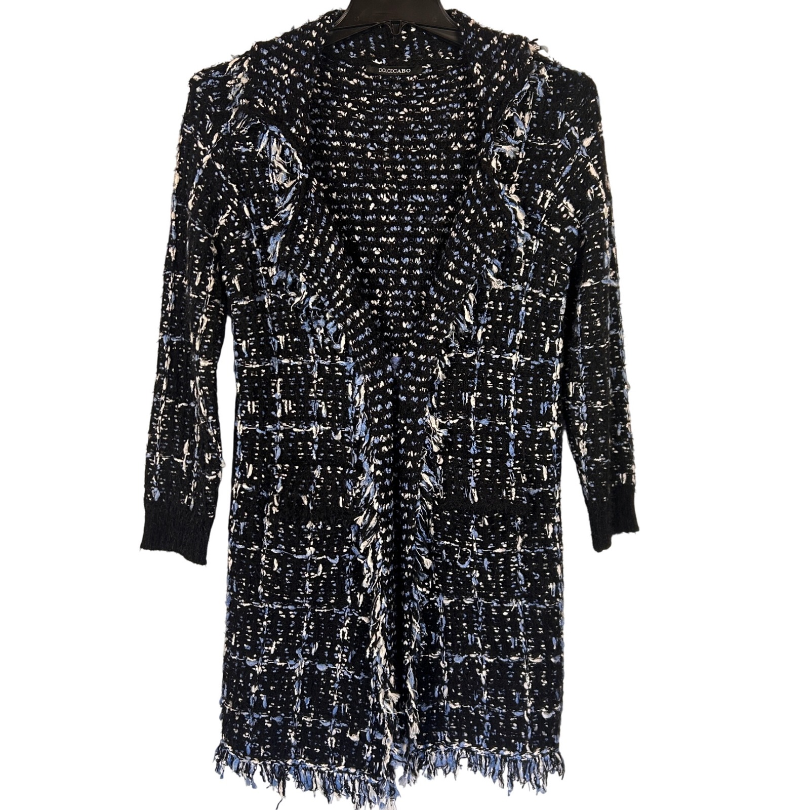 DOLCE CABO Black Blue White Textured Knit Fringe Cardigan Sweater Coat Women