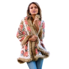 Boston Proper Boho Floral Print Faux Fur Trim Shawl One Size