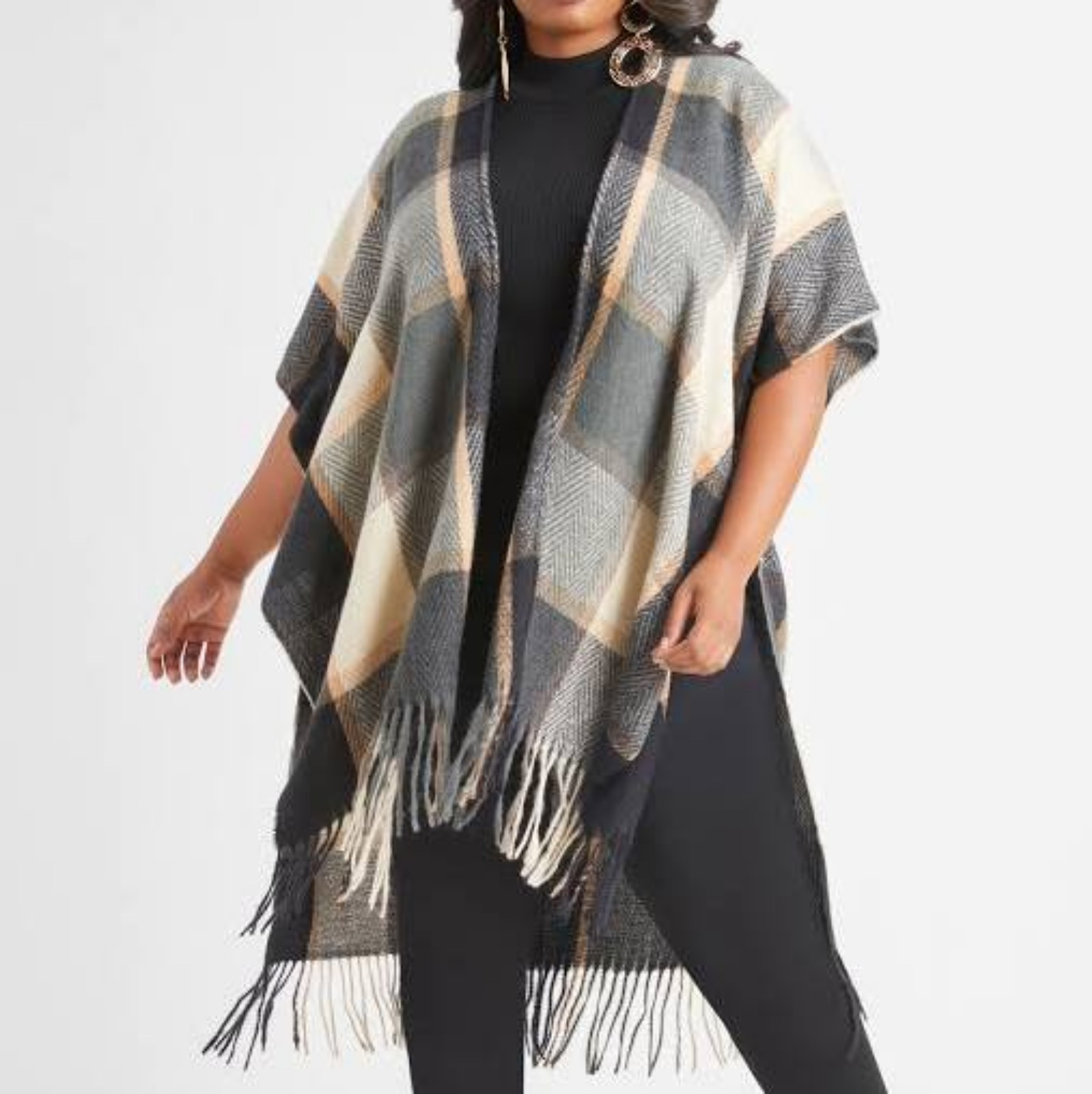 Ashley Stewart NWT Checked Kimono Poncho Gray Cream One Size
