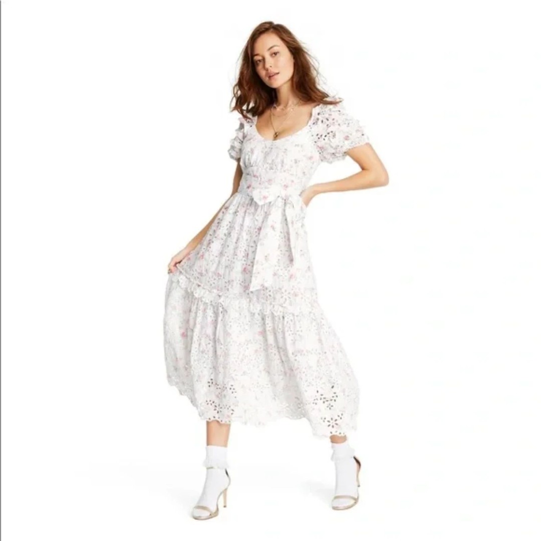 LoveShackFancy by Target Clementine Floral Eyelet Midi Dress, White, Size 0