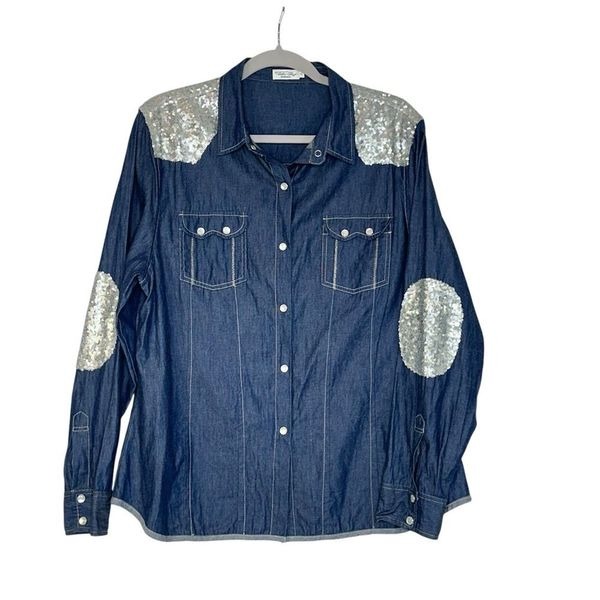 Tasha Polizzi Denim Western Sequin Pearl Snap Long Sleeve Top| XL