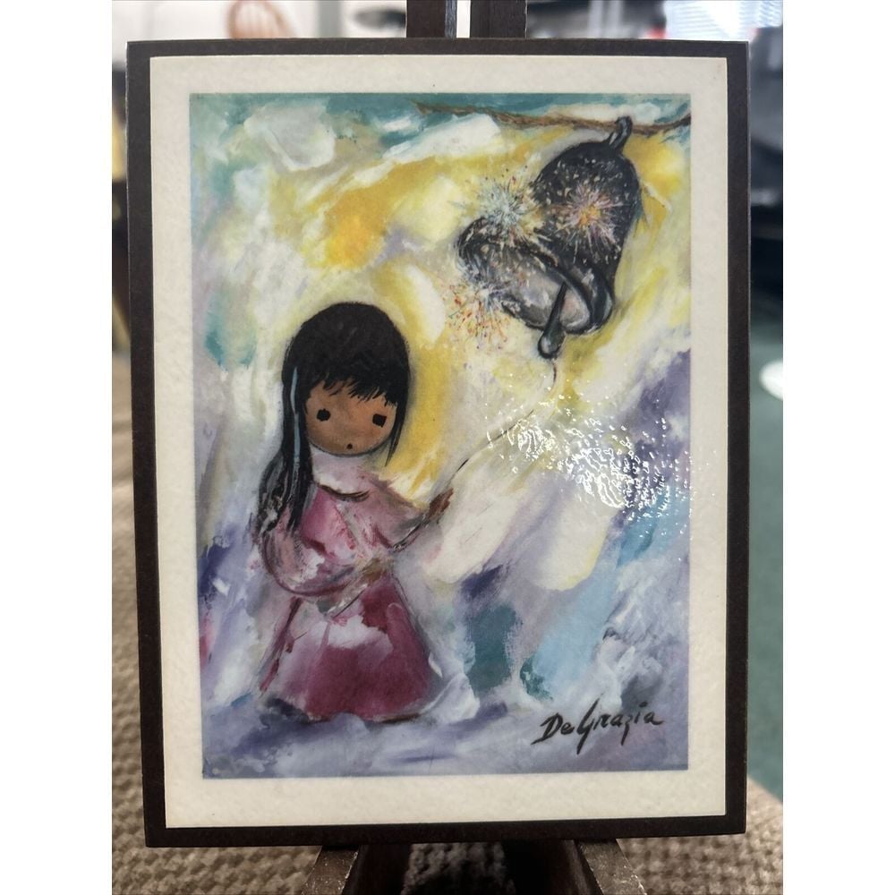 Ted DeGrazia Miniature Picture THE BELL OF HOPE on Wood Vintage 6X4.75 Inch