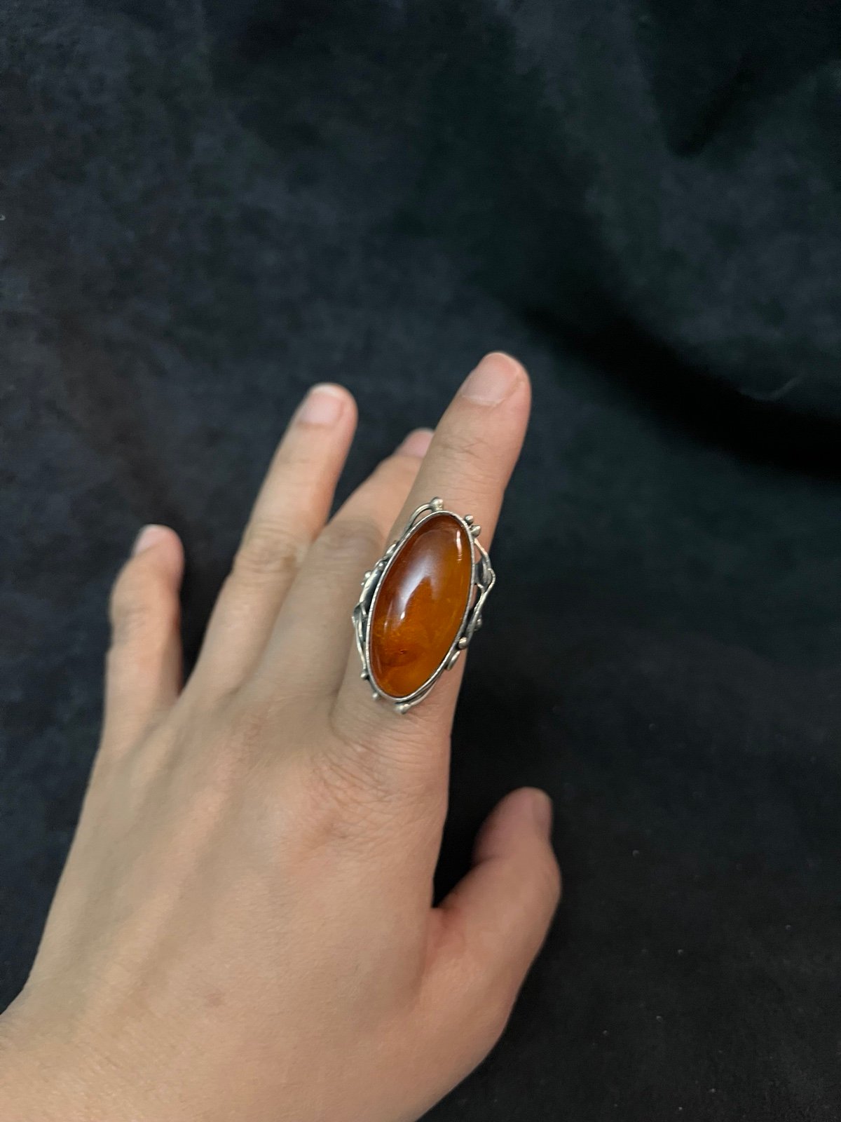 Vintage 925 Silver Honey Amber Ring Large Cabochon Ring size 6