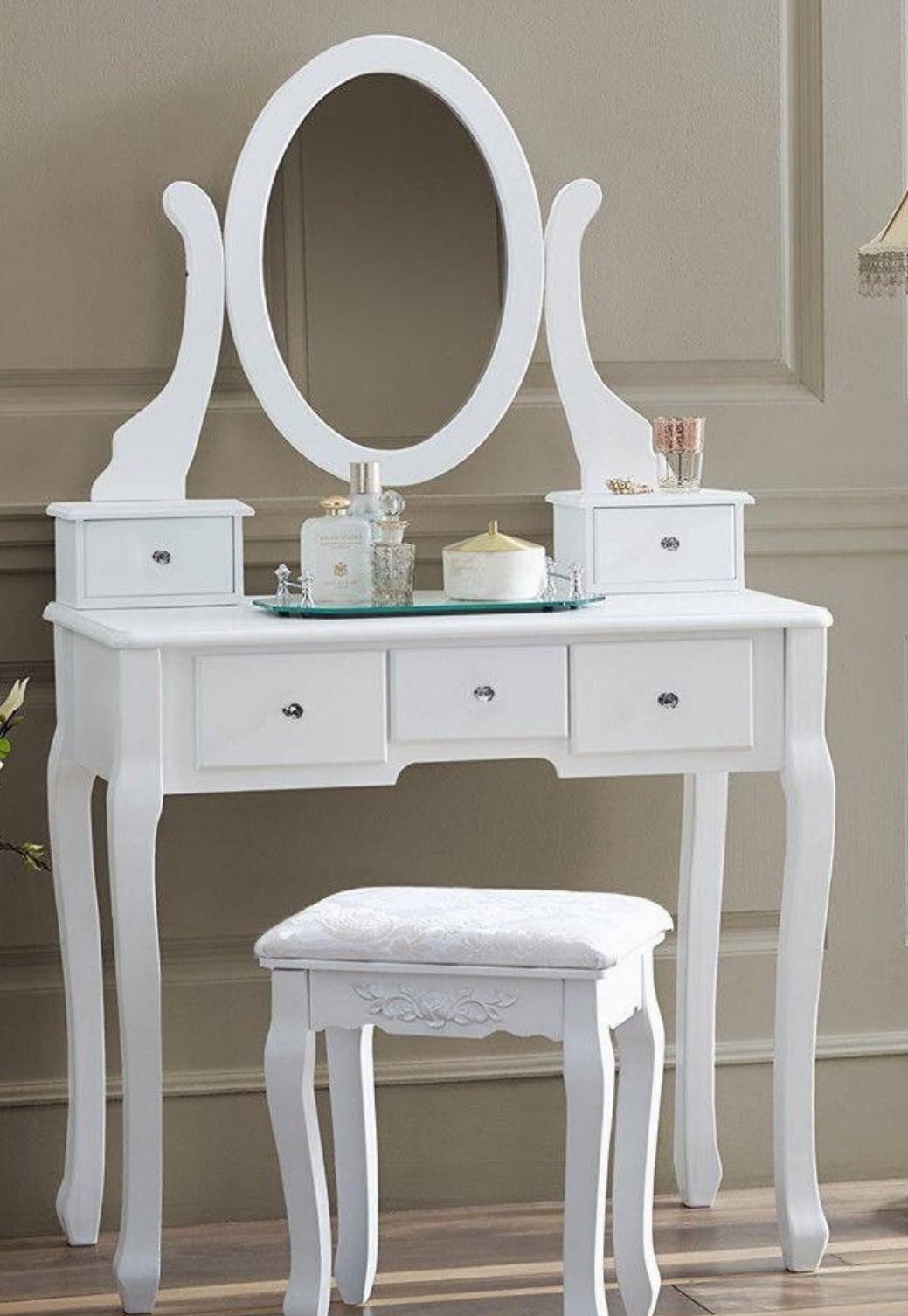 Vanity Makeup Dressing Table Set W/Stool 5 Drawers & Mirror,Hot vanity,White