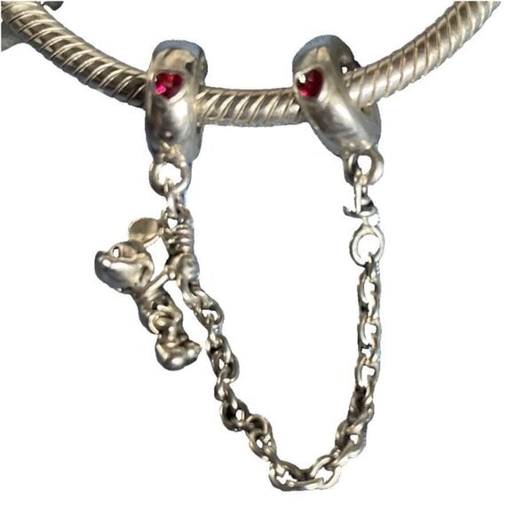 Pandora Disney Mickey Minnie Safety Chain Charm, Sterling Silver, Red Enamel