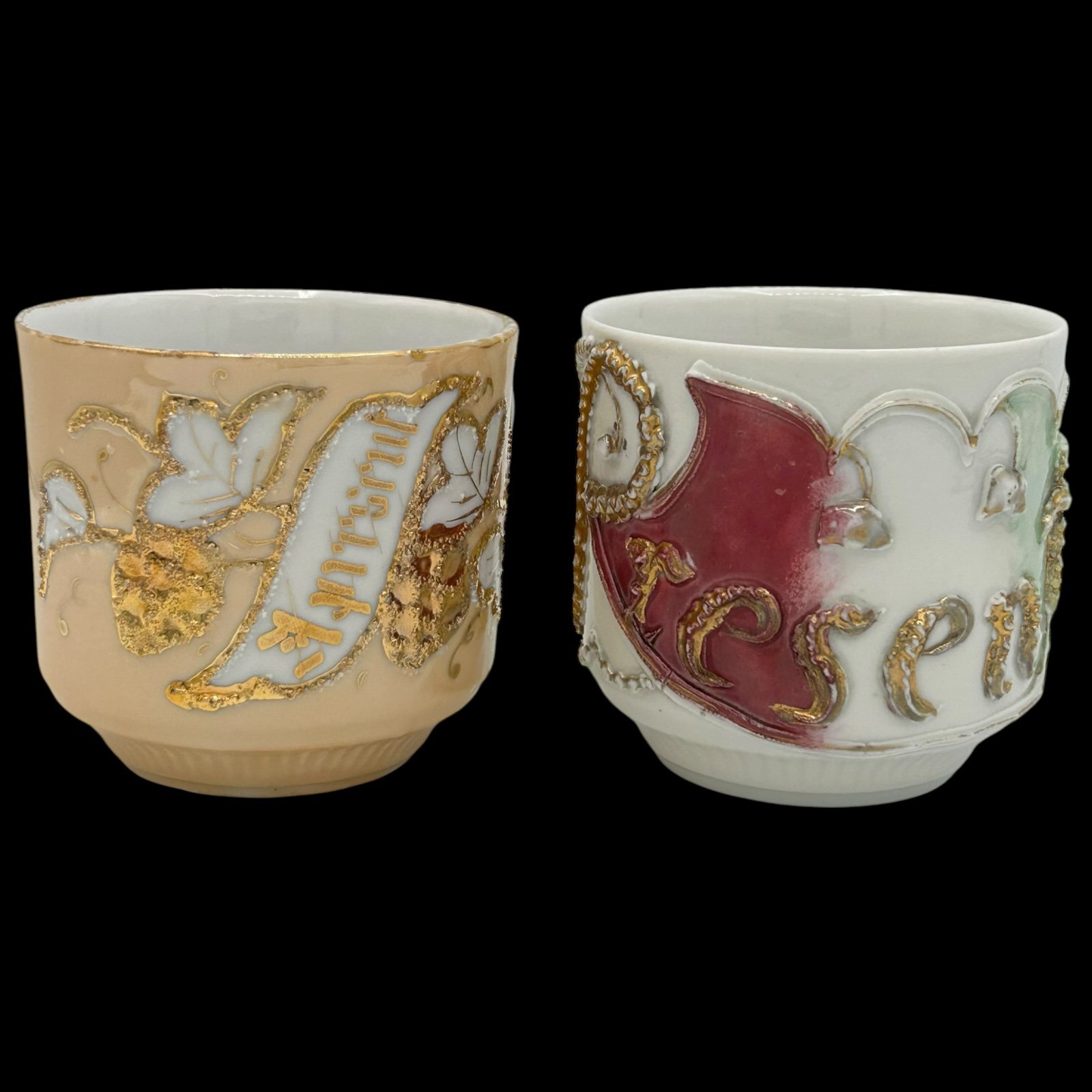 Antique 1910s Porcelain Lusterware Present Coffee Mugs Tea Cups Germany Two