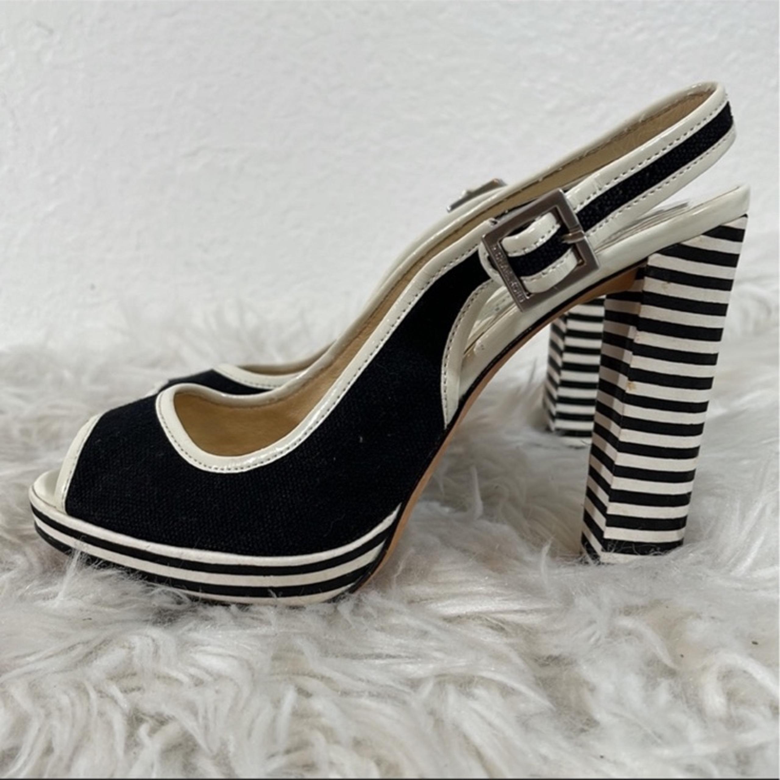 MICHAEL MICHAEL KORS Sofia Sling Backs Canvas/Leather Striped Peeptoe Heels SZ 6