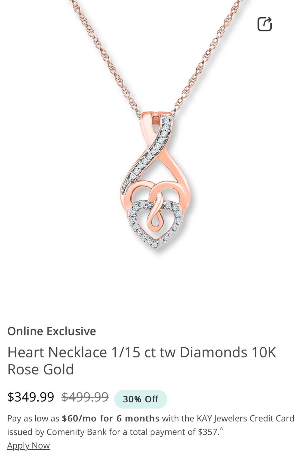 Kay Jewelers Heart Necklace 1/15 ct Diamonds with 10K Rose Gold