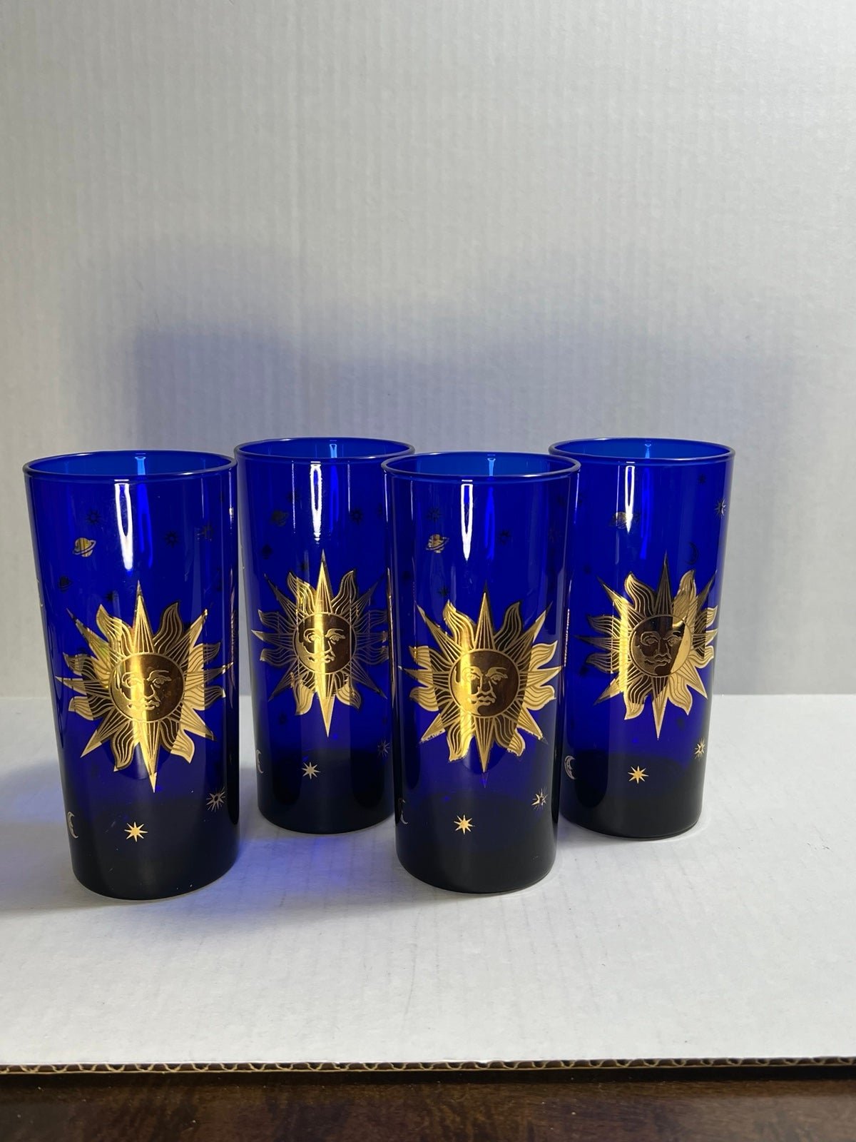 4 Vintage MCM Design Culver Celestial Cobalt Blue 22K Gold Sun HIGH BALL GLASSES
