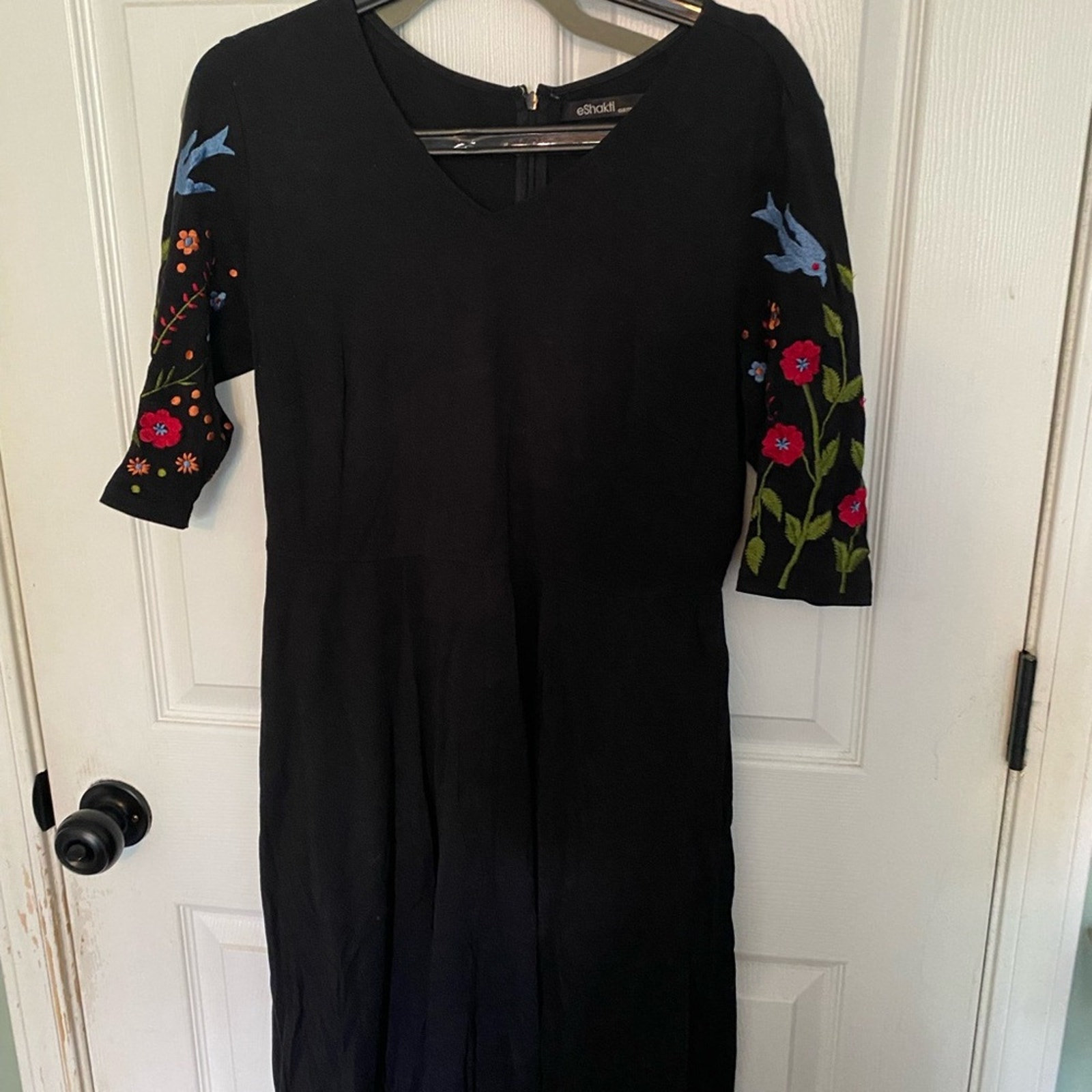 eShakti Black Sheath Dress with V-Neck and Red Cuffed Sleeves