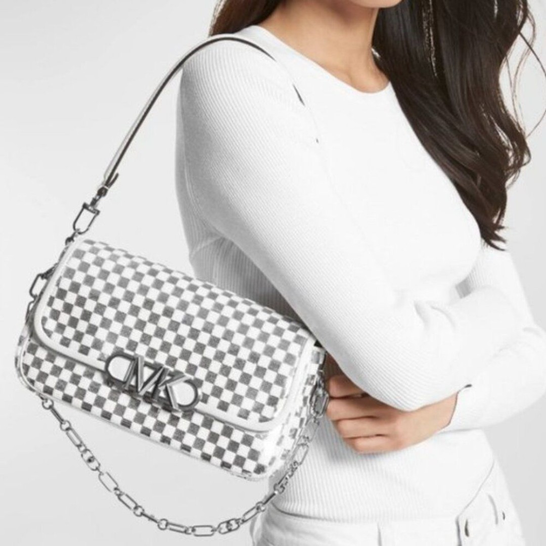 HTF MICHAEL KORS PARKER CHECK SILVER POUCHETTE CONVERTIBLE SHOULDER BAG NWT