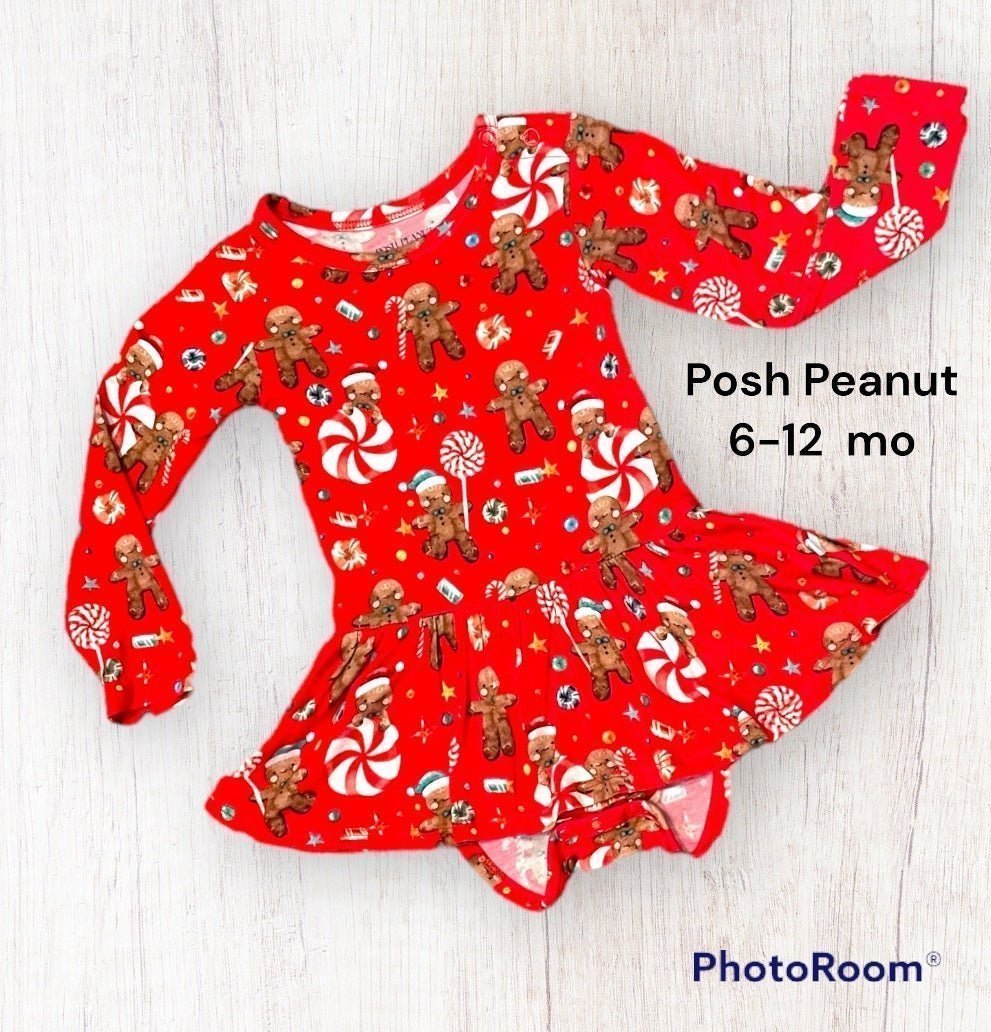 Posh Peanut Candy Cane Lane Long Sleeve Bodysuit Twirl Dress 6-12 mo