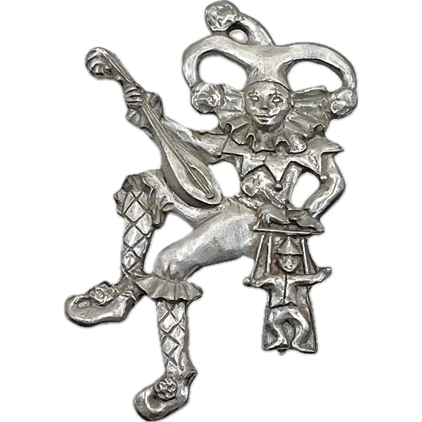 Rare 1990 SEAGULL Pewter Jester w Puppet Musical Lute BROOCH Pin Costume Jewelry