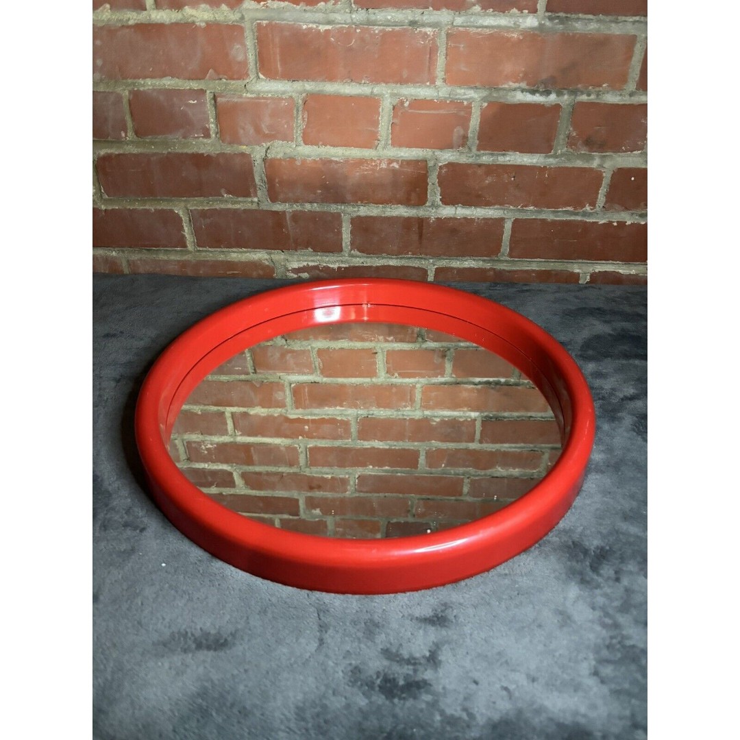 FINN MIRROR 1970s Vintage Funky ROUND WALL MIRROR Red Unique Plastic, With Flaws