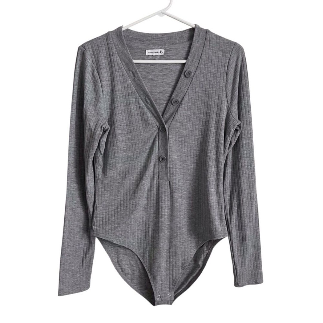 Good American Ribbed Henley Bodysuit Heather Grey Long Sleeve Button Large Sz 3