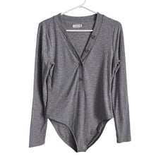 Good American Ribbed Henley Bodysuit Heather Grey Long Sleeve Button Large Sz 3