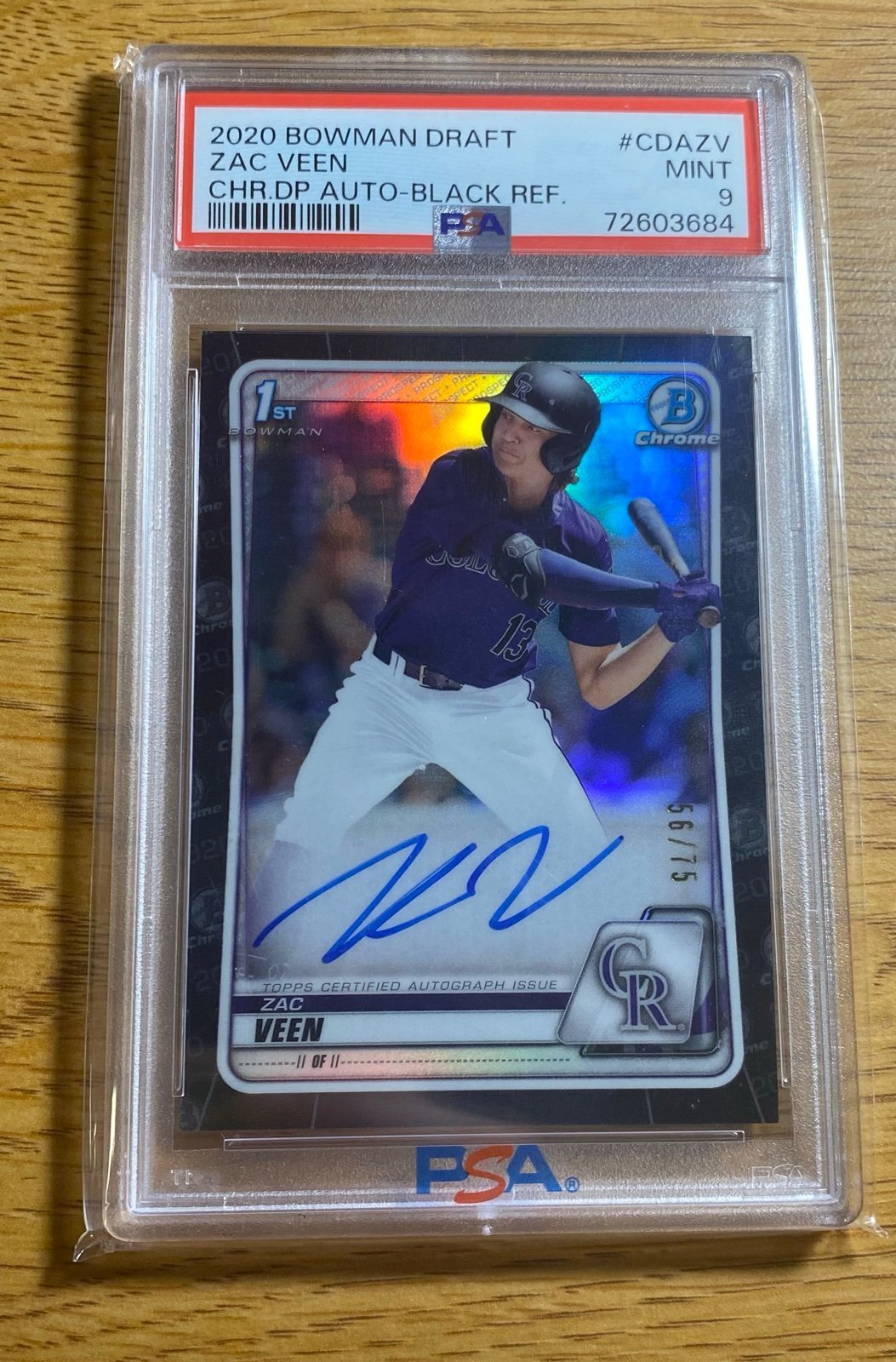 2020 Bowman Draft Zac Veen Black Refractor Auto /75 PSA 9 Colorado Rockies