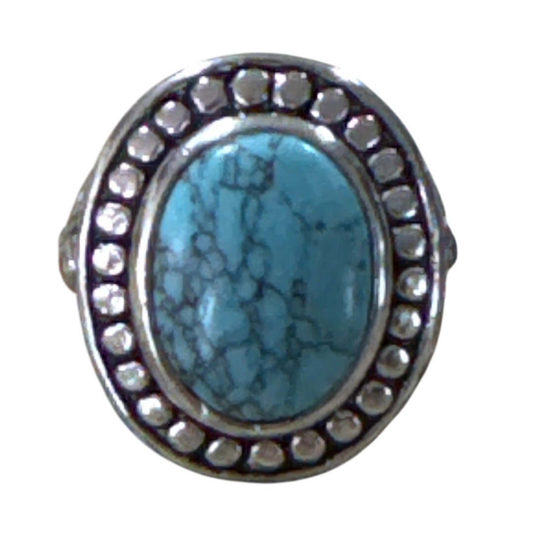 Silvertone, Marbled Turquoise Statement Ring Size 7 No Markings