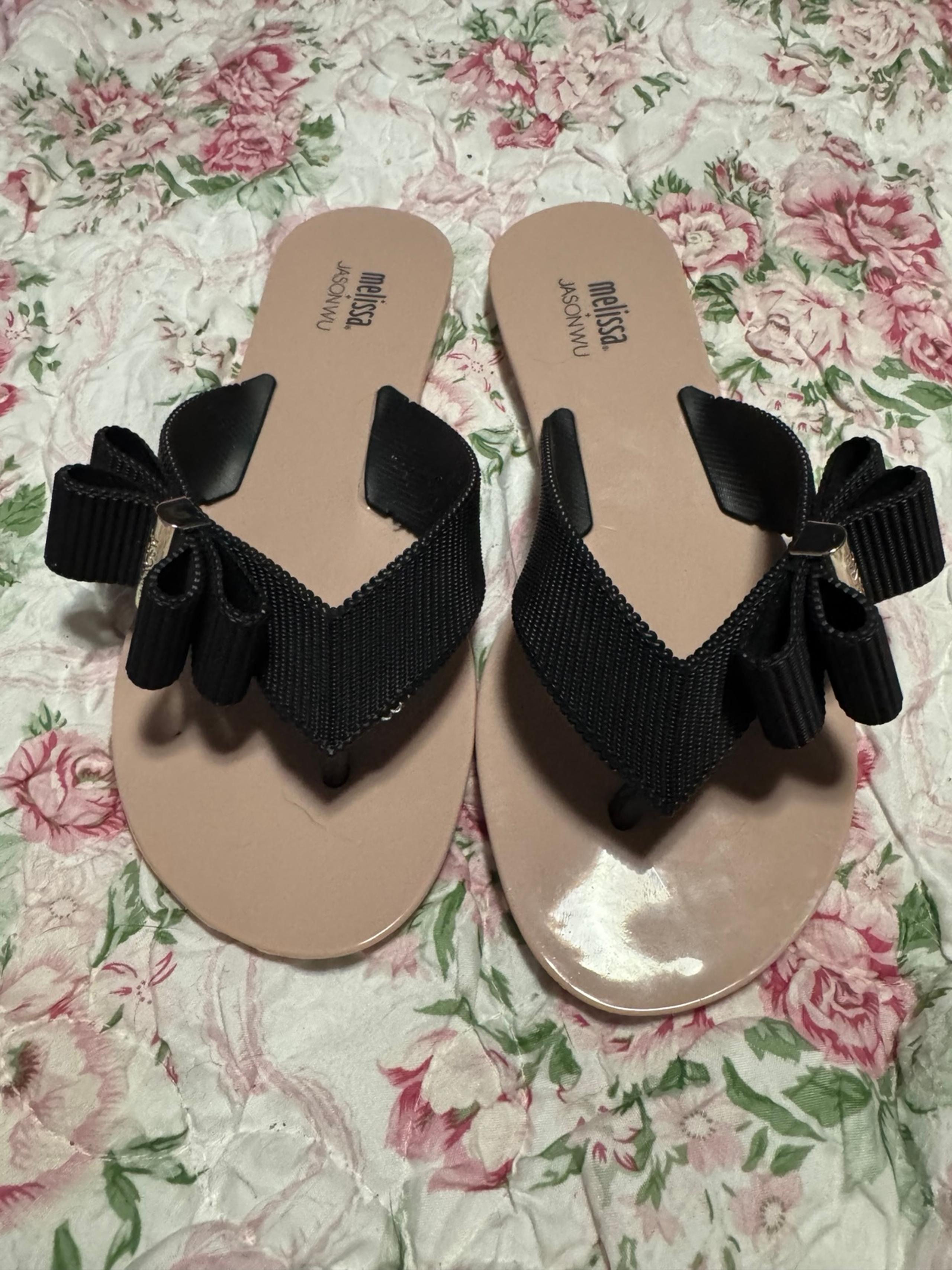 Melissa X Jason Wu Pink Black Bow Flip Flop Sandals Size 7 Coquette NWOT