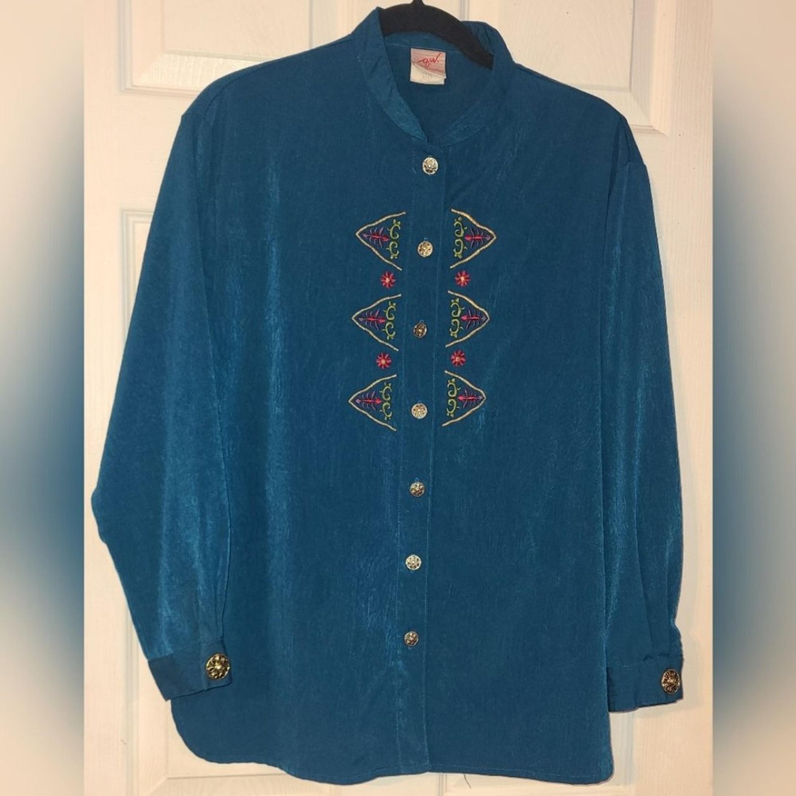 G.W Graff Womens Blue Floral Embroidered Button Down Shirt Petite Medium