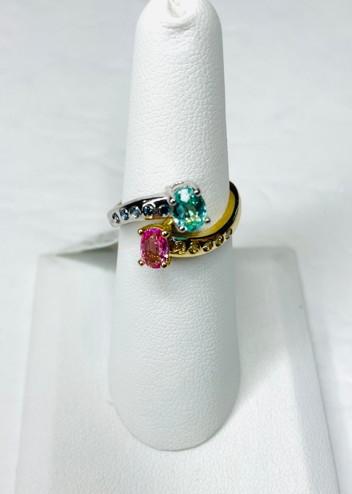 Paraiba and Pink Sapphire Ring with Blue and Yellow Diamonds Size 6.5
