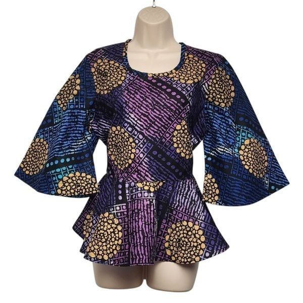 Kiaki Clothing African Print Peplum Top Blouse Blouse Multi-Blue Size Large
