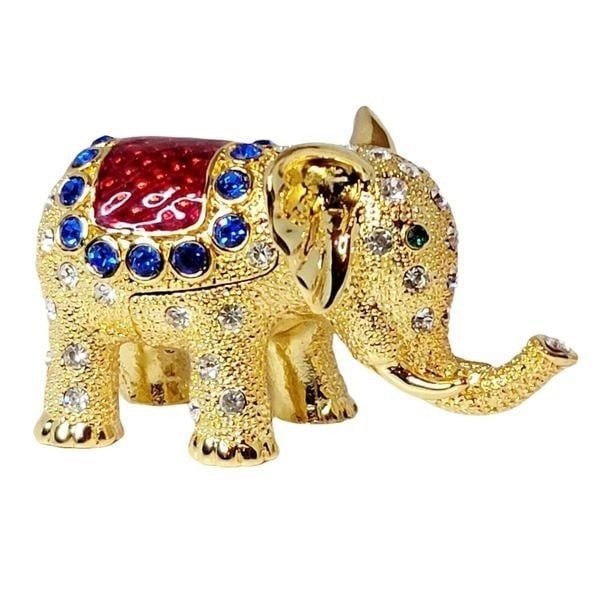 Vintage Bejeweled Enameled Magnetic Gold Elephant Trinket Box
