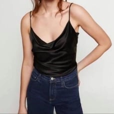 NWOT Zara Satin Effects Cowl Neck Tank with button low back size XL Black