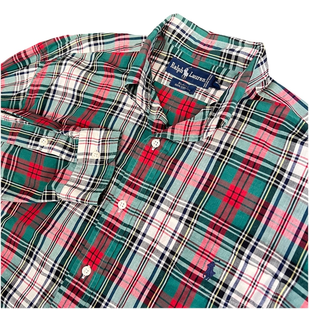 VTG Polo Ralph Lauren Shirt Mens Medium Blaire Red Green Plaid 90s Y2K Pony