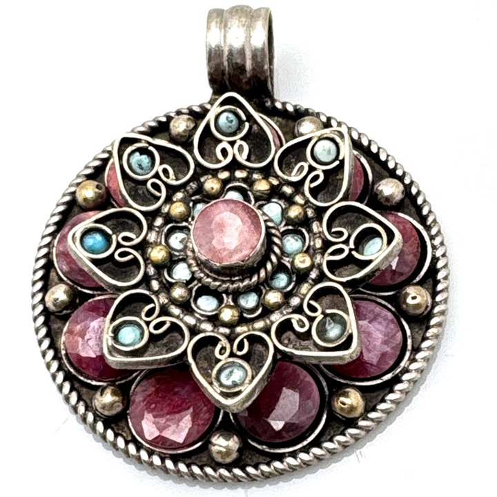 Bohemian Silver? Pendant Tourmaline Turquoise Box Handmade Nepal