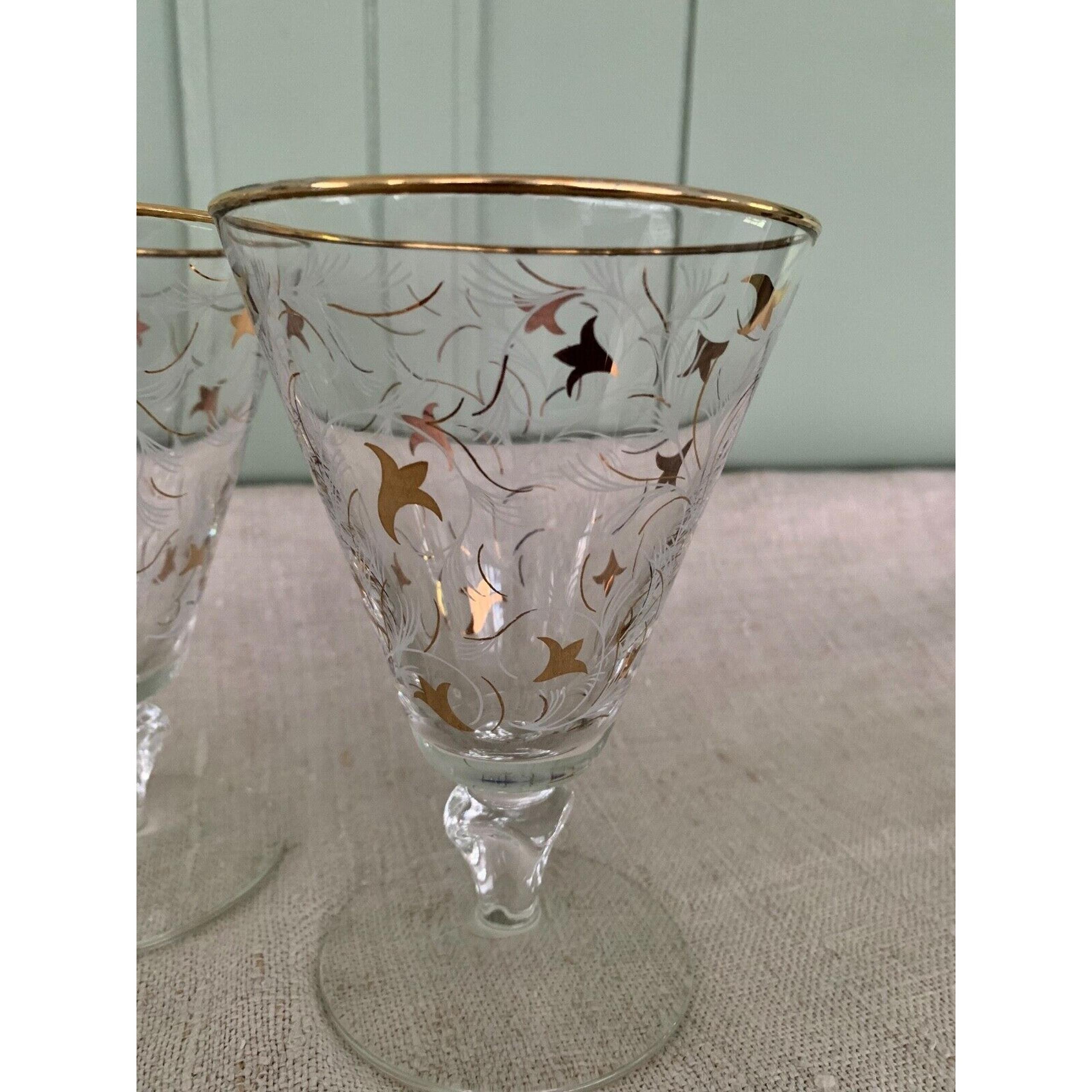 4 Vtg Libbey Stem Glasses Royal Fern Tulip Pattern Gold White Barware MCM 5.5”
