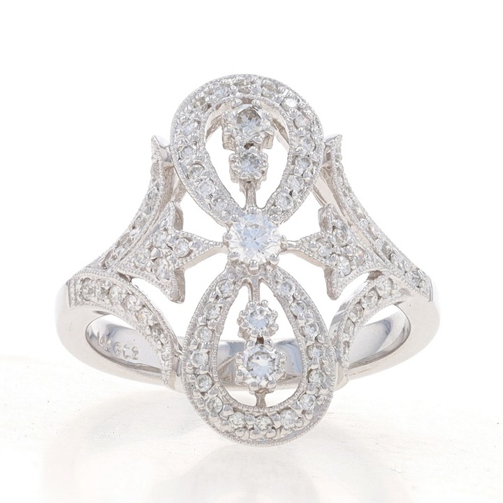 White Gold Diamond Cocktail Ring - 14k Round .60ctw Infinity Leaf Milgrain V3078