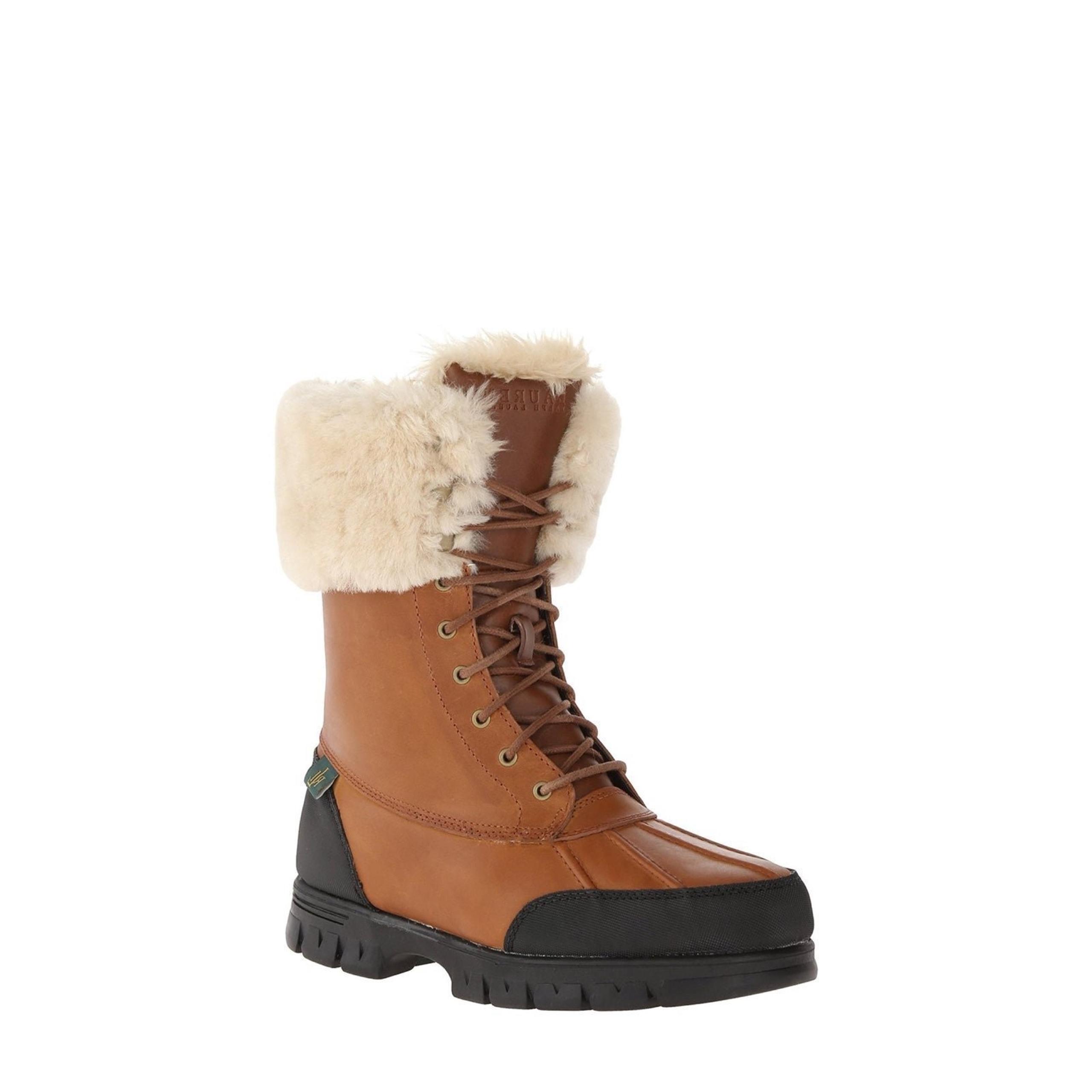 Ralph Lauren Quinta Tan Brown Leather Shearling Mid Calf Winter Boots