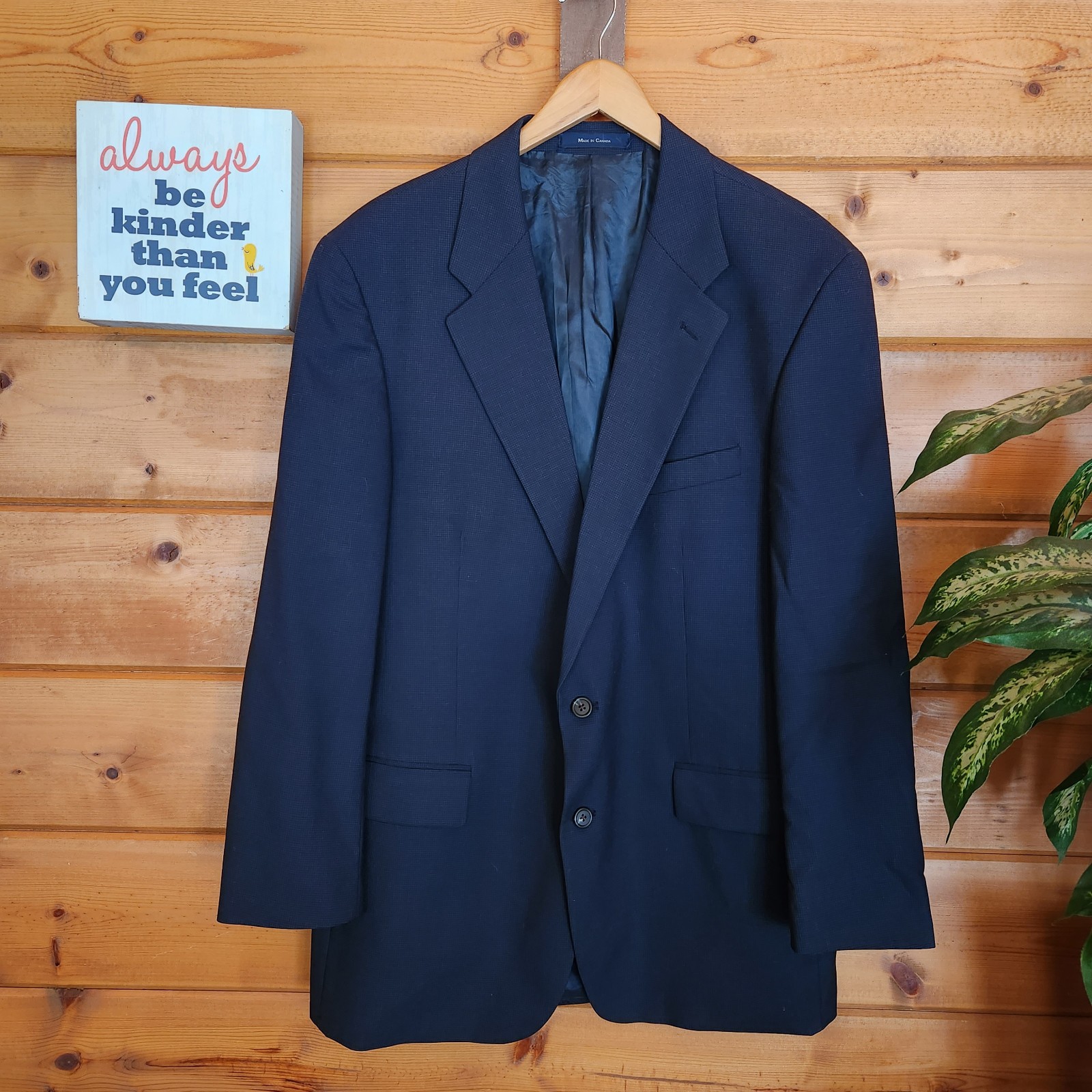 Chaps Ralph Lauren Wool Blazer Sport Coat Houndstooth Navy Vintage Macys Sz 46 T