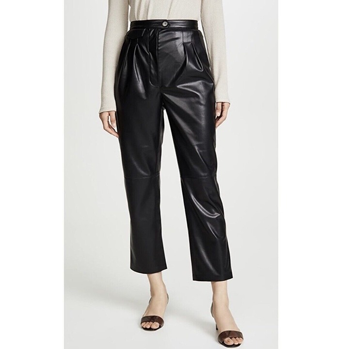 Nanushka Mitsu Faux Leather Pants Pleated High Rise Slim Tapered Black S