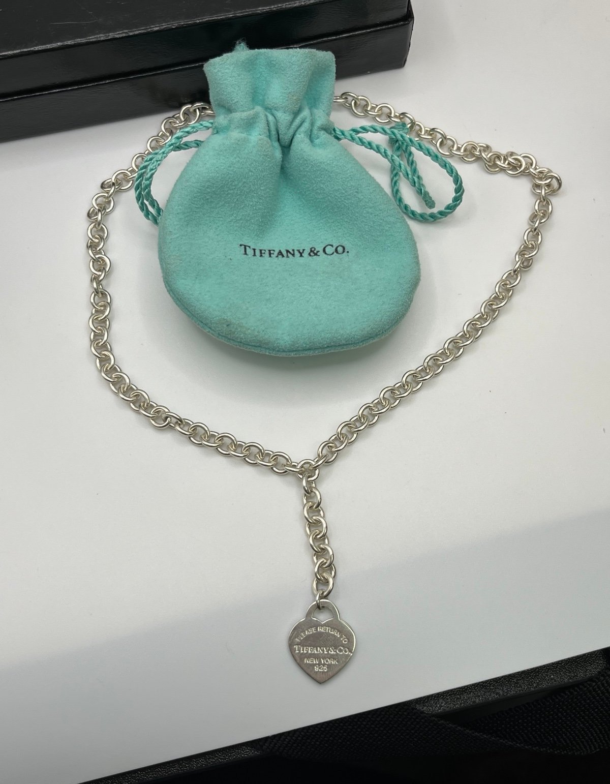 Tiffany & Co. Sterling Silver Return To Heart Tag Y Drop Chain Necklace *Rare*