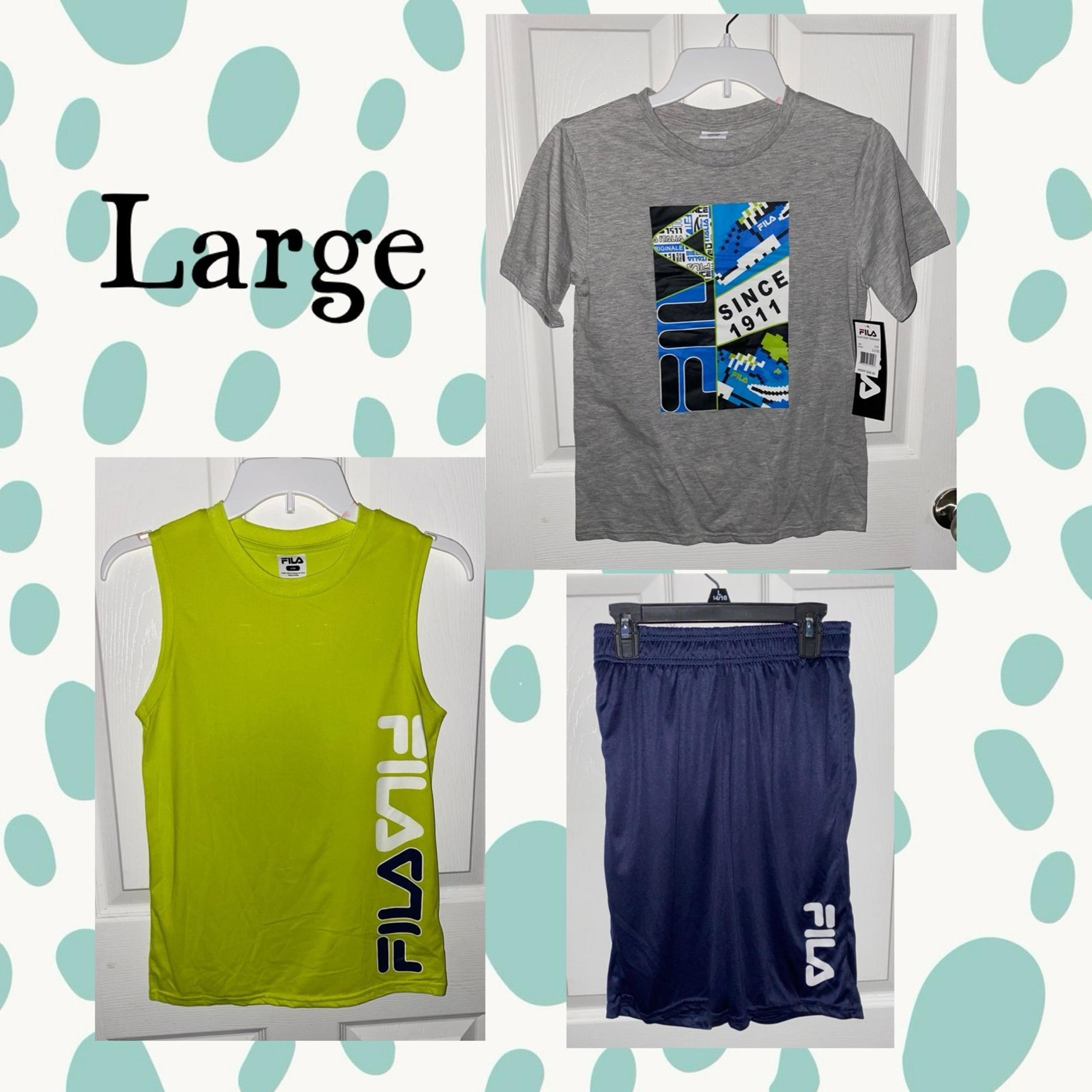 Boys Fila (3pc) Lime Tank-Top, Gray T-Shirt, & Navy Shorts Set Sz/ Large (12)