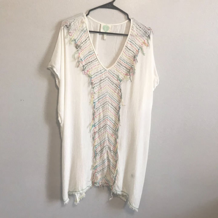 Z&L Europe Cream Beaded V Neck Rainbow Boho Fringe Swim Cover O/S